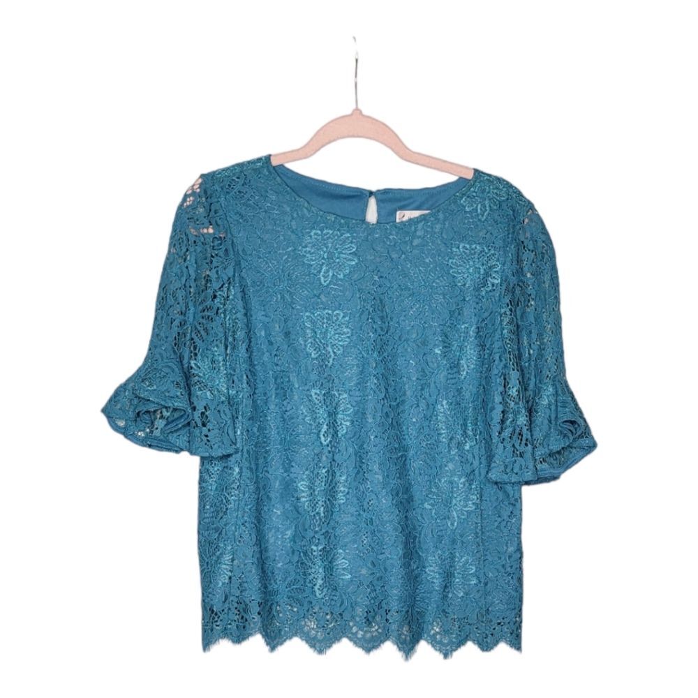 Nanette Nanette Lepore Scallop Hem Lace Top Teal Blue Bell Sleeve Blouse Small